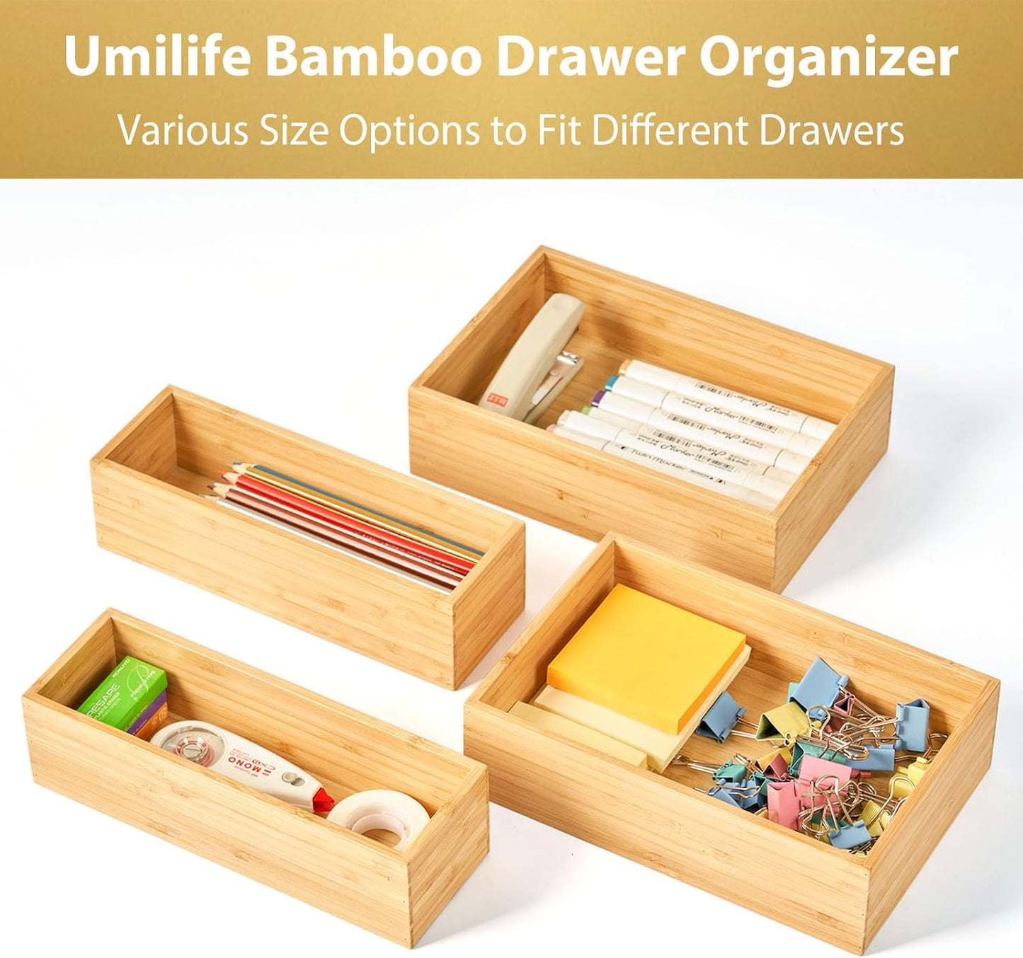 Umilife Bamboo Kitchen Utensils Organizer, Extra High Silverware Drawer Holder, Flatware Cutlery Storage Box, Multi-Use Drawer Divider in Office, Bathroom, Pantry - 12"x6"x2.5" (Set of 2)