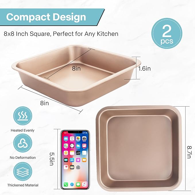 2-Pack 8 inch Square Baking Pan, Nonstick Square Brownie Pans, 8x8 Baking Pan, Square Cake Pan for Birthday Parties, Stackable 8×8 Cake Pan, Easy to Clean