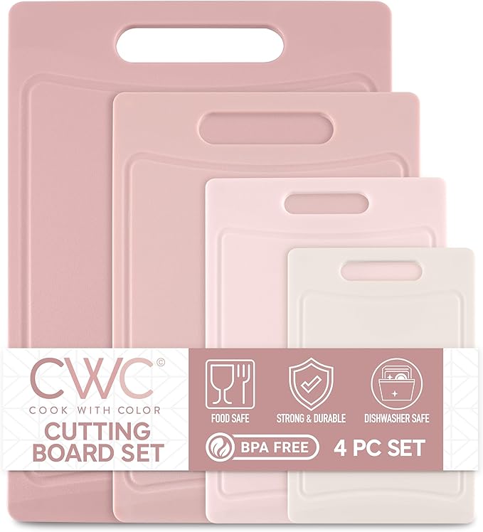 COOK WITH COLOR Non-Slip Cutting Board Set – Kitchen Essentials with Easy Grip Handle for Meat, Veggies, and Fruits, 4 Cutting Boards, Pink