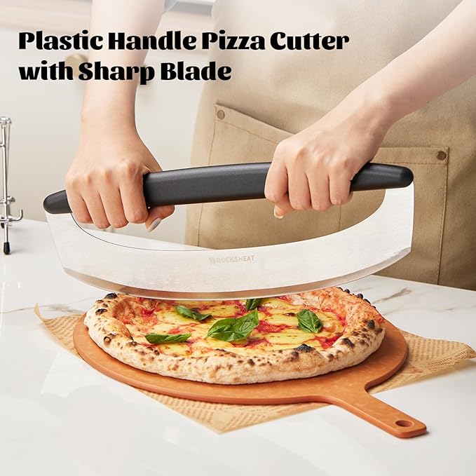 Pizza Cutter Rocker & 12 Inch Rotating Pizza Peel Set - Anodized Aluminum Peel with Wooden Handle, Includes Plastic Blade Guard - Ideal for Pizza Oven Baking & Slicing