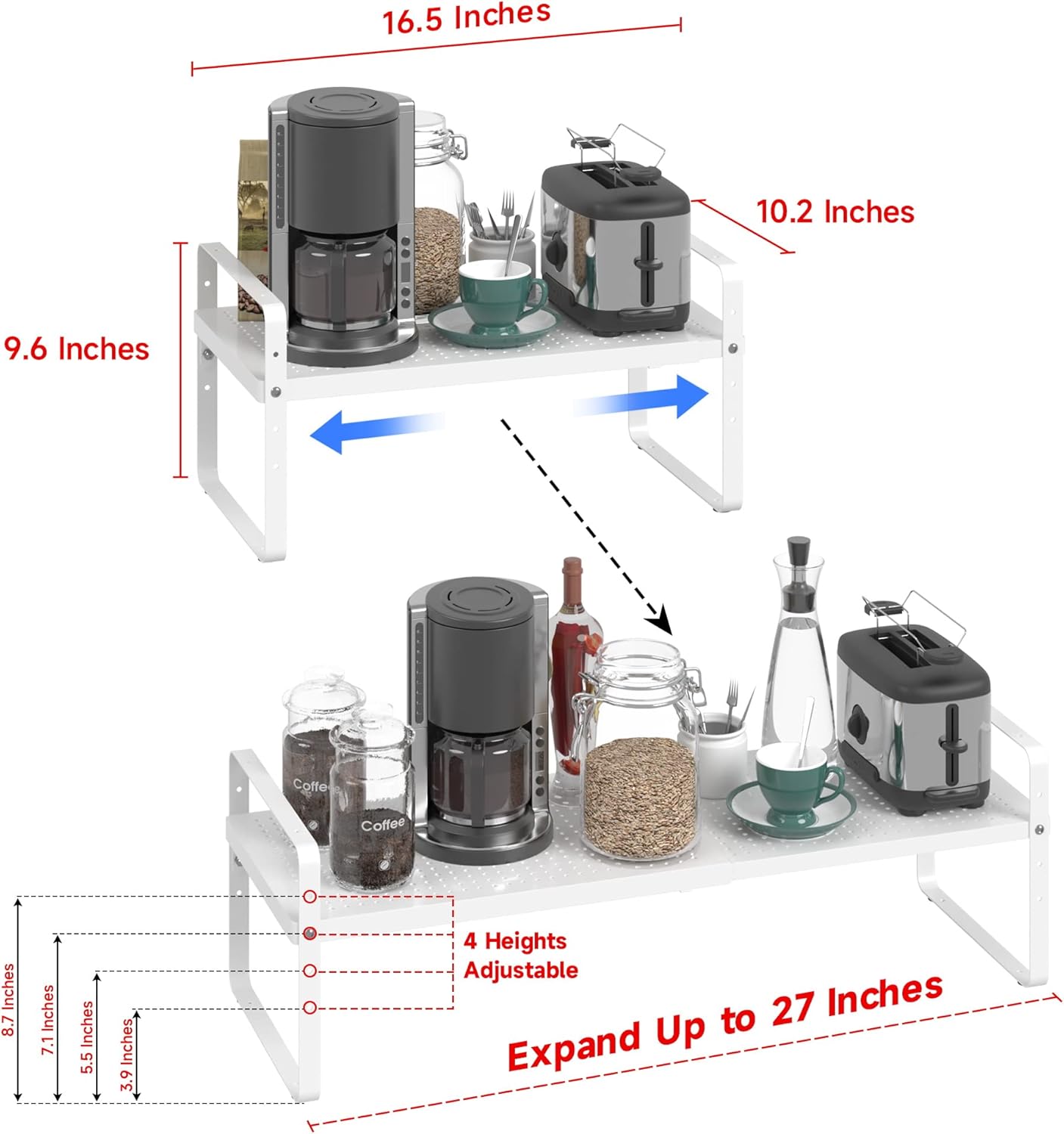 Expandable Cabinet Shelf Organizer Adjustable Metal Spice Rack Stackable Freestanding Counter Storage Shelves for Kitchen Cabinet Under Sink Office Desk (White - 1Pack - L16.5-27'' * W10.2'' * H9.6'')