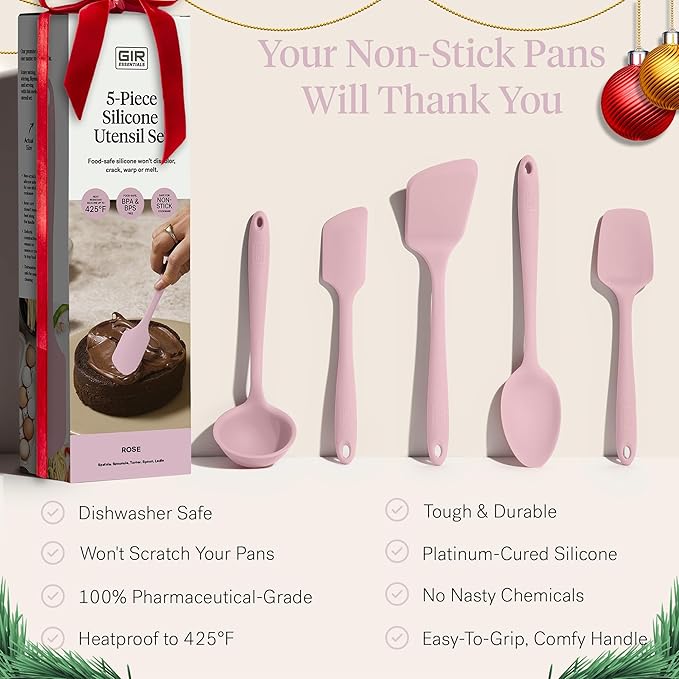 GIR: Get It Right - 5 Piece Essentials All Purpose Set - Ladle, Spatula, Flip, Spoon & Spoonula, Non-stick, Heat Resistant, Dishwasher Safe, Kitchen Utensils, Baking Supplies - Rose