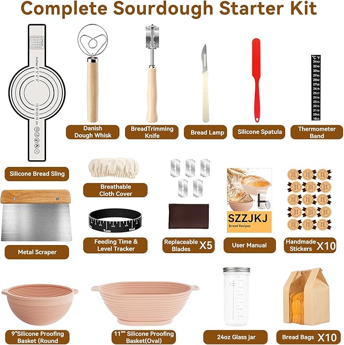 Sourdough Starter Kit, 24PCS Sourdough Bread Baking Supplies, Silicone Banneton Bread Proofing Basket Set of 2, Sourdough Starter Kit Beginners with 10pcs Bread Bags for Baking Lovers