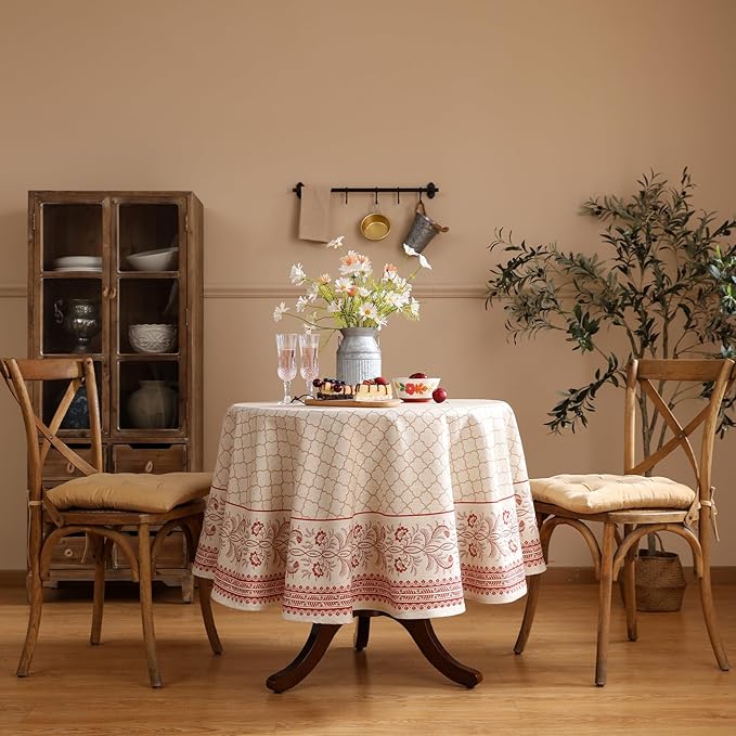 French Tablecloth for Round Tables,Floral Linen Table Cloth with Flaxen and Red Undertones,Heavy Durable Table Cover for Dining Thanksgiving Kitchen Decor Party Christmas,Diameter 67"