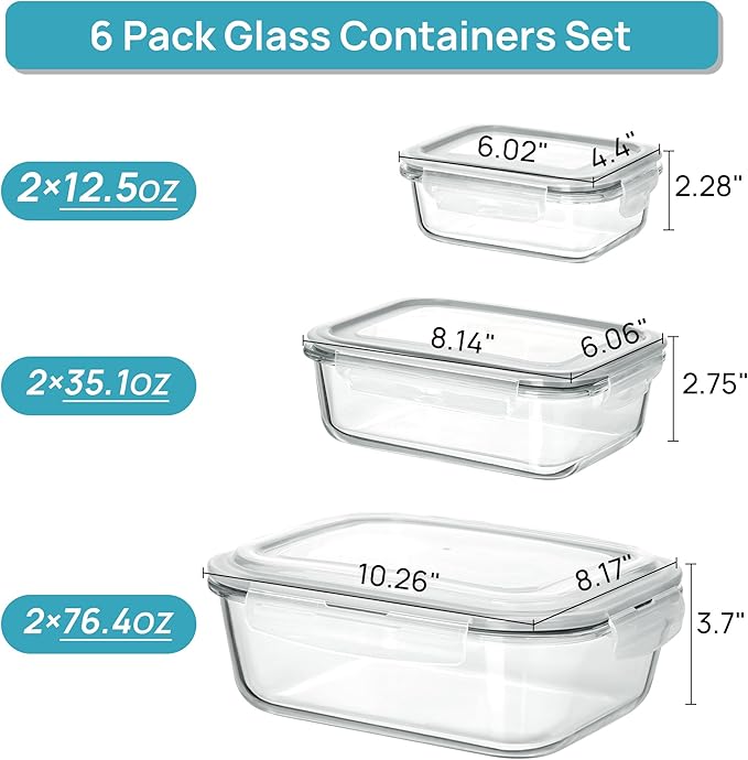 Vtopmart 2.26L/76oz Extra Large Glass Food Storage Containers with Lids, 6 pack Meal Prep Container Set, Airtight Lunch Boxes with Snap Locking Lids for Microwave, Oven, Freezer, Dishwasher