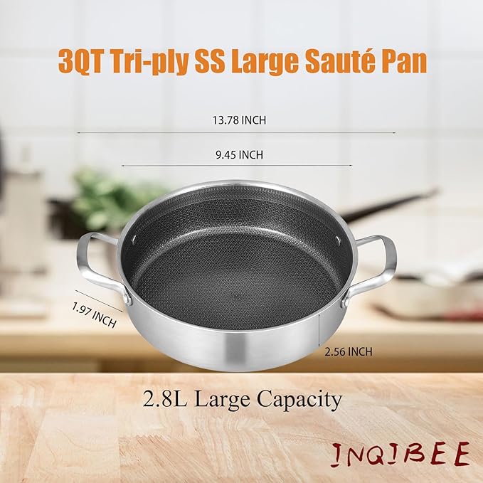 Inqibee 3 QT Hybrid Tri-Ply Stainless Steel Non Stick Sauté Pan with Lid,10 Inch Induction Deep Frying Pan,Skillet,Jumbo Cooker,Dishwasher and Oven Safe