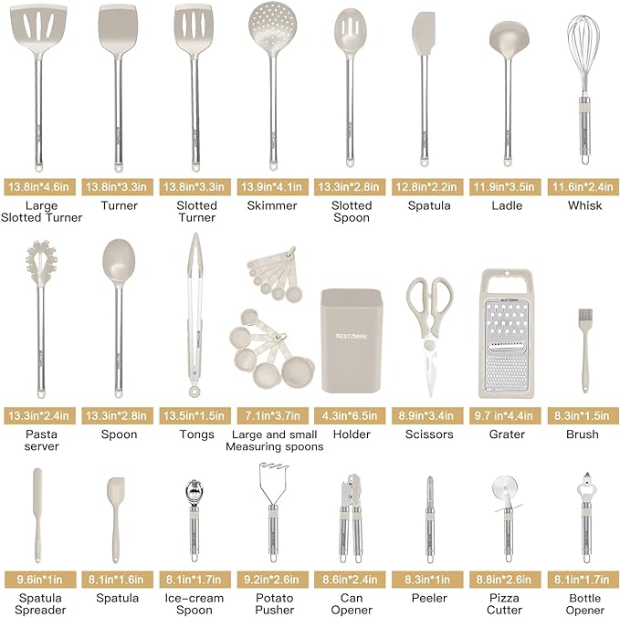Kitchen Utensil Set-Silicone Cooking Utensils-33 Kitchen Gadgets & Spoons for Nonstick Cookware-Silicone and Stainless Steel Spatula Set-Best Kitchen Tools, Useful Pots (Khaki)