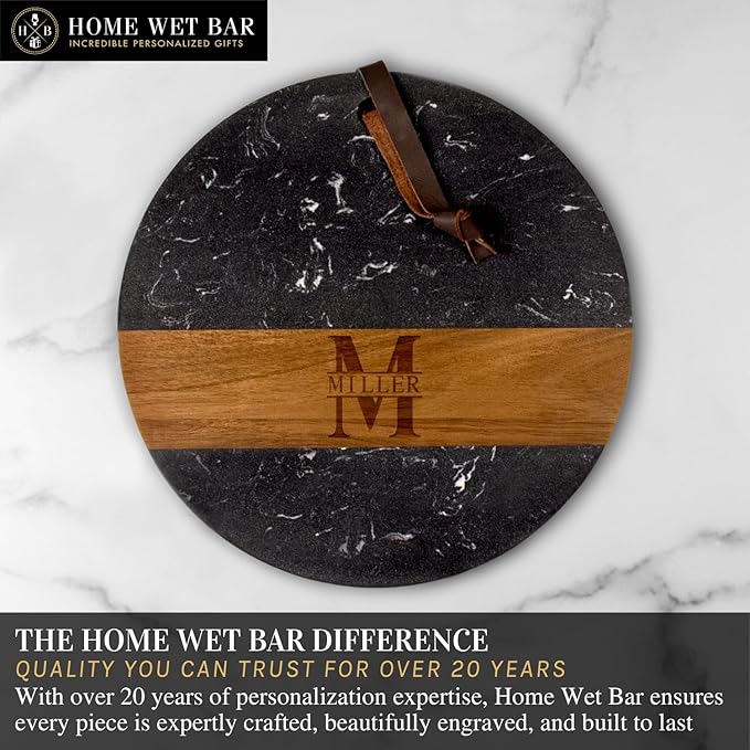 HomeWetBar Personalized Charcuterie Board | Custom 12" Round Black Marble & Acacia Wood Cheese Board | Perfect Housewarming + Wedding + Couples Gift Idea