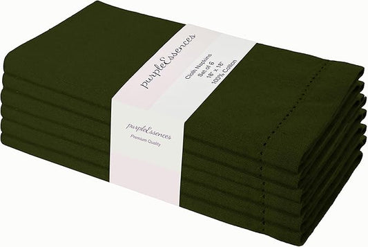 PurpleEssences Set of 6 Hemstitch Cloth Dinner Napkins 100% Cotton - Soft Durable Washable - Ideal for Wedding Christmas Holiday Winter - Perfect Everyday Use Table Linen 18x18 - Olive Green