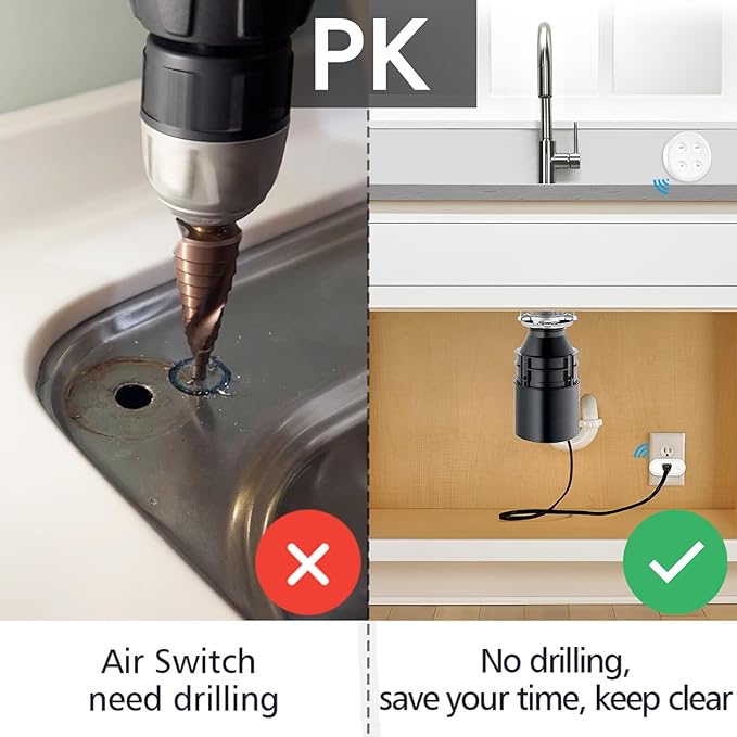 Garbage Disposal Wireless Switch Kit, Sink Top Waste Disposal On/Off Switch Remote with 5s/10s Timer, Air Switch Replacement for Waste Food Disposer Up to 1HP, 16A/1800W, White