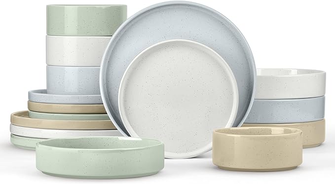 Herogo Dinnerware Dishes Sets with Pasta Bowls, 16 Piece Stoneware Plates and Bowls for 4, Ceramic Dinner Ware for Kitchen, Dishwasher & Microwave Safe, Speckled Multicolor