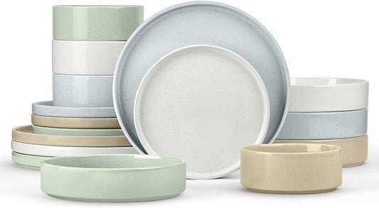 Herogo Dinnerware Dishes Sets with Pasta Bowls, 16 Piece Stoneware Plates and Bowls for 4, Ceramic Dinner Ware for Kitchen, Dishwasher & Microwave Safe, Speckled Multicolor