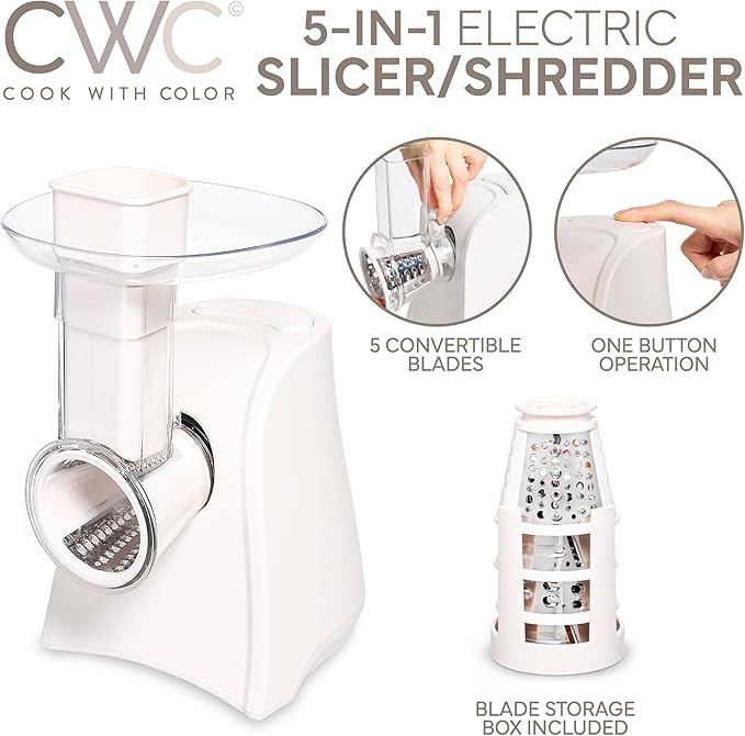 COOK WITH COLOR 5-in-1 Electric Slicer, 150W Food Prep Machine – Cheese Shredder, Fine & Coarse Graters, Potato Grater, Vegetable Slicer, Fruit, Salad Shooter, Compact Design for Bowl Prep, Cream