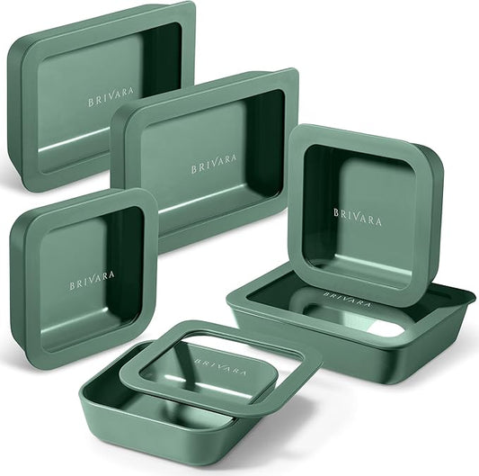 Ceramic Coated Glass Food Storage Container | No PTFE, PFOA, PFAS, and BPA | Reusable Non Toxic Meal Prep Container with Glass Lid | Easy To Store | 6 Piece Food Prep [Pine]