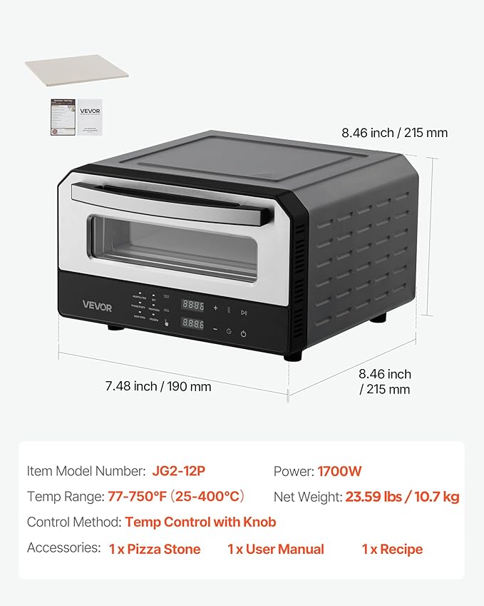 VEVOR Electric Pizza Oven, Smart Pizzas Maker Indoor with 5 Preset, 12-Inch Countertop Pizza Cooker w/Touch Srceen, 750℉ Max Temp, 2-Min Rapid Baking Oven Thin & Crispy, Neapolitan, Frozen, New York