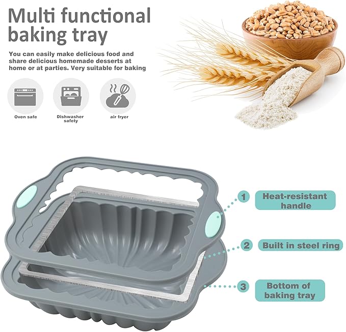 3-Piece Silicone Square Cake Pan Set, Metal-Frame Non-Stick Baking Trays, Jelly Molds, Non-Stick Grooved Cake Molds, Suitable for Breads, Meat Patties, Cakes, 5/7/9 Cups, Light Gray