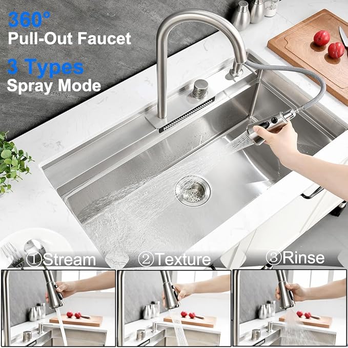 33 Inch Undermount Waterfall Kitchen Sink Workstation, 33x19 Undermount Kitchen Sink Stainless Steel Waterfall 16 Gauge Single Bowl Sinks and Faucet Combo