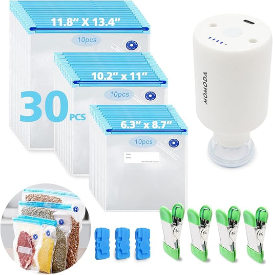 MOMODA Sous Vide Cooking Bags - Set of 30 | BPA-Free Reusable Vacuum Seal Bags with Air Valve for Joule and Anova Cookers | Freezer Safe Vacuum Food Storage Bags with Upgraded Electric Pump Included