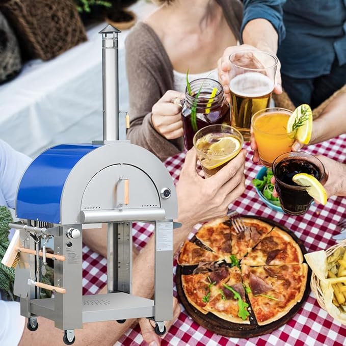32.5" Propane Gas and Wood Fired Pizza Oven with Waterproof Cover, Large Outdoor Oven with Open Shelf and Wheels for BBQ, Grilling, Stainless Steel Pizza Oven for Outdoor, Backyard and Party (Blue)