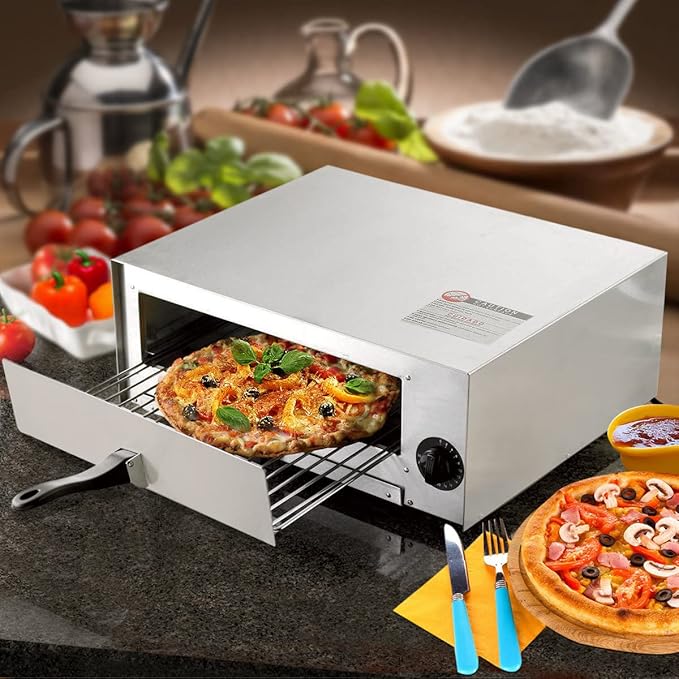 Happygrill Electric Pizza Oven Stainless Steel Pizza Baker Kitchen Pizza Toaster Pizza Maker with Handle & Removable Tray