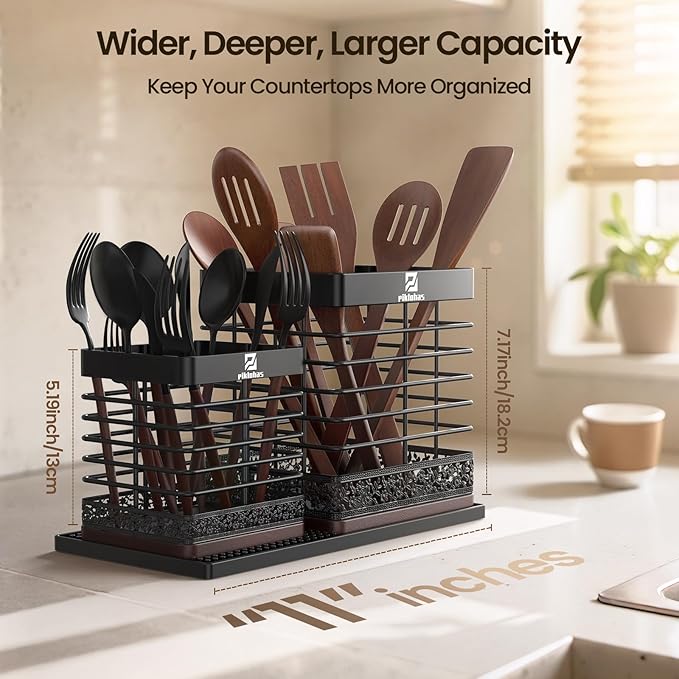 Extra Large Utensil Holder for Kitchen Counter, Matte Black Metal Cooking Utensil Caddy Organizer with Wooden Draining Base, Countertop Spatula Cutlery Storage with Silicone Dish Drying Mat