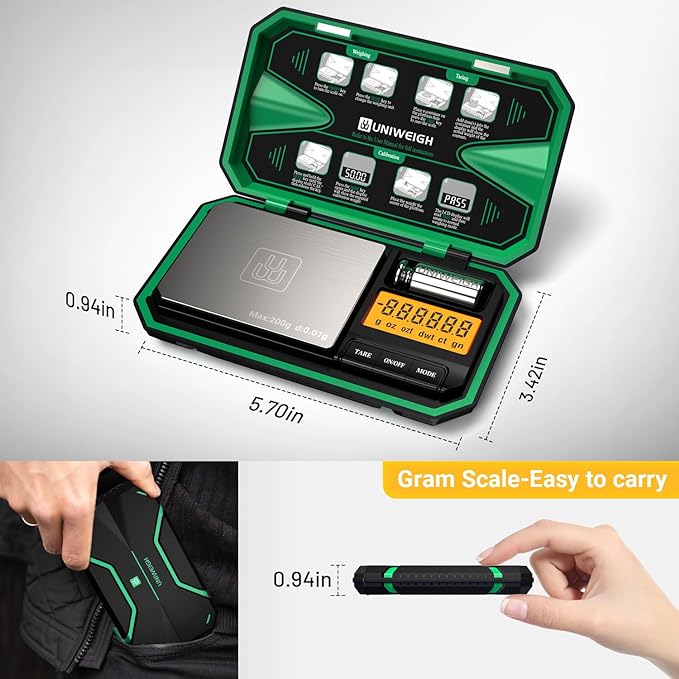 Digital Pocket Scale Precision 200g/0.01g, Digital Scale Grams Ounces, Mini Jewelry Scale, Coins Scale with 50g Cal Weights for Gold/Silver/Gems/Food,(Battery Included)-Green