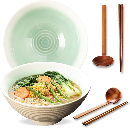8 Inch Ceramic Ramen Bowl Set of 2, 40oz Japanese Bowls with Spoons & Chopsticks,Durable,Microwave & Dishwasher Safe,Perfect for Ramen,Pho,Salad,Soup,Noodles，Mixing bowls（Cyan Sea）