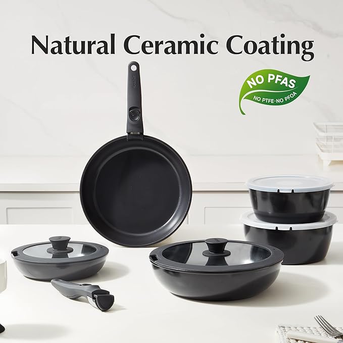 Redchef 16pcs Ceramic Pots and Pans Set Non Stick, Nonstick Kitchen Cookware Set with Detachable Handle, Non Toxic, PFAS PFOA & PTFE Free, RV Cookware Set for Camping, Dishwasher/Oven Safe (Black)