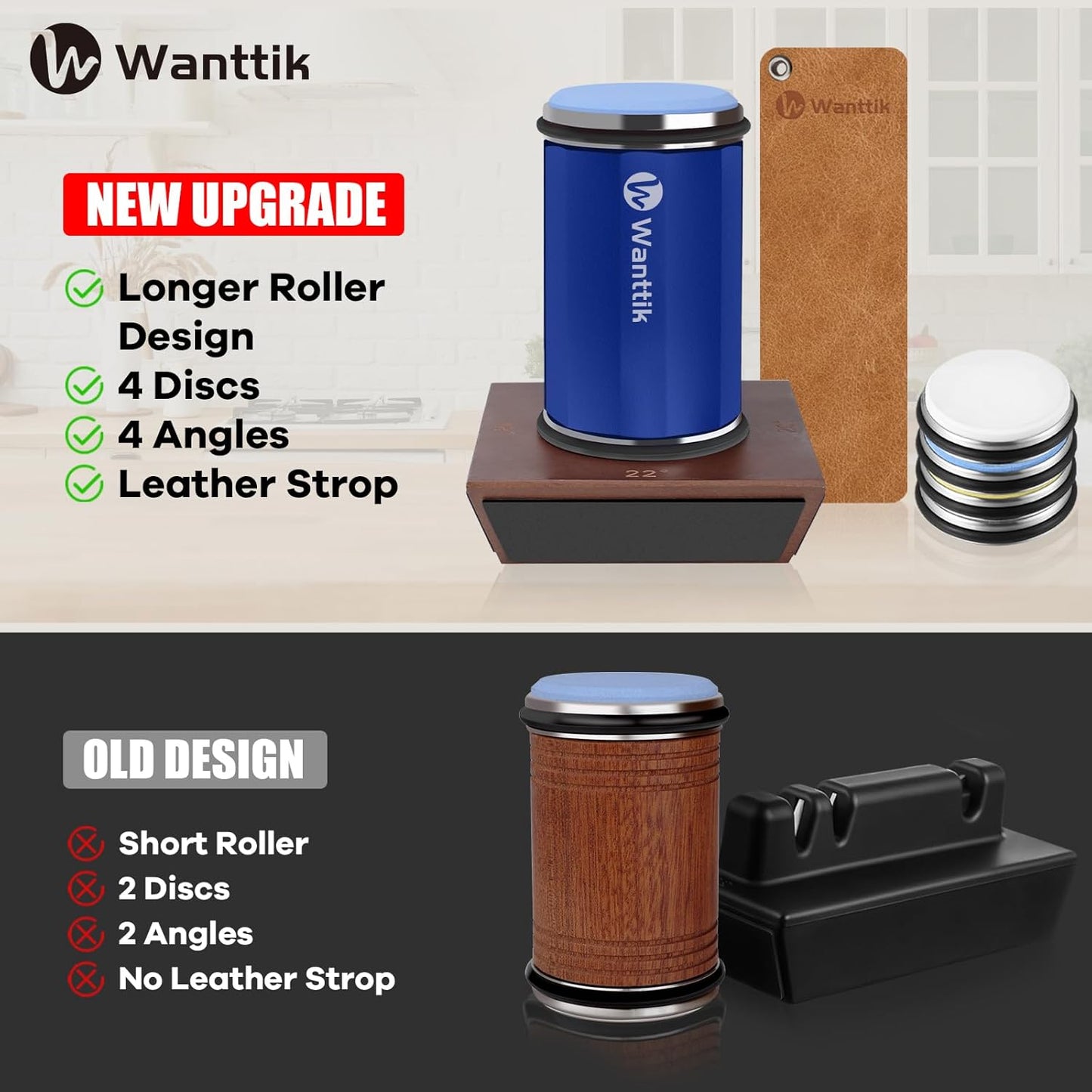 Rolling Knife Sharpener Kit, Upgraded Roller Knife Sharpener with Leather Strop for Kitchen Knives, 4-Disc Rolling Stone Sharpener with 15&18&20&22 Degree Sharpening, Blue