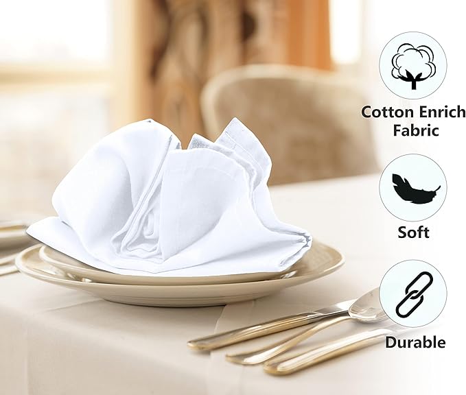 Ruvanti Cloth Napkins Set of 4, 18x18 Inches Napkins Cloth Washable, Soft, Durable, Absorbent, Cotton Blend. Table Dinner Napkins Cloth for Hotel, Lunch, Restaurant, Wedding Parties - White