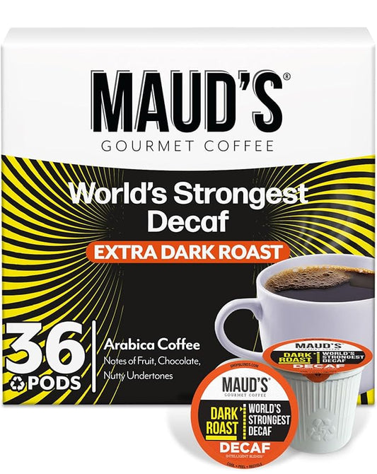 Maud's World's Strongest Decaf Dark Roast Coffee Pods, 36 ct, Decaffeinated Dark Roast Coffee in Recyclable Single Serve Pods – 100% Arabica Coffee, Compatible with Keurig K Cups Maker