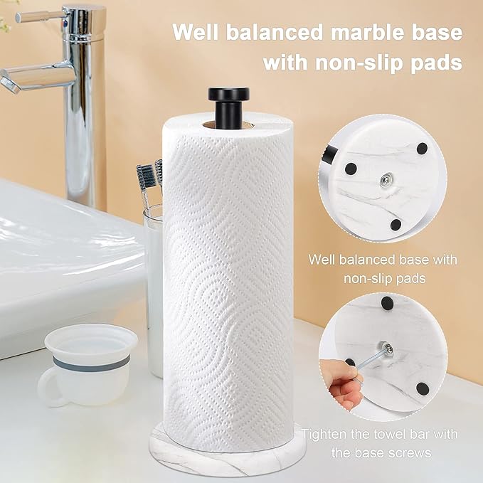 NearMoon Standing Paper Towel Holder, Kitchen Paper Towel Tissue Holder- for Bathroom Countertop, Standard or Jumbo-Sized Roll Paper (with Marble Base, Matte Black)