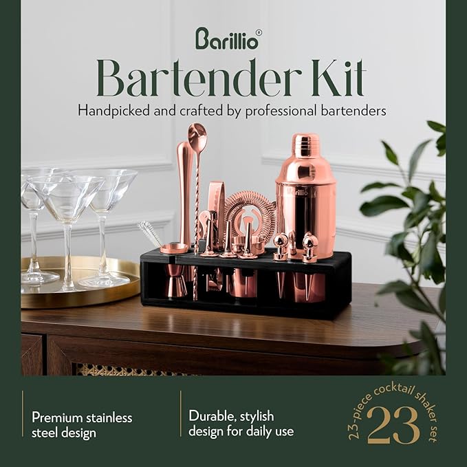 Barillio Rose Gold Bartender Kit - Stainless-Steel Cocktail Shaker Set w/Black Bamboo Stand - Mixology Bar Tools w/Drink Shaker, Mixer, Muddler for Cocktails - Home Bar Accessories - 23-Pc Bar Set