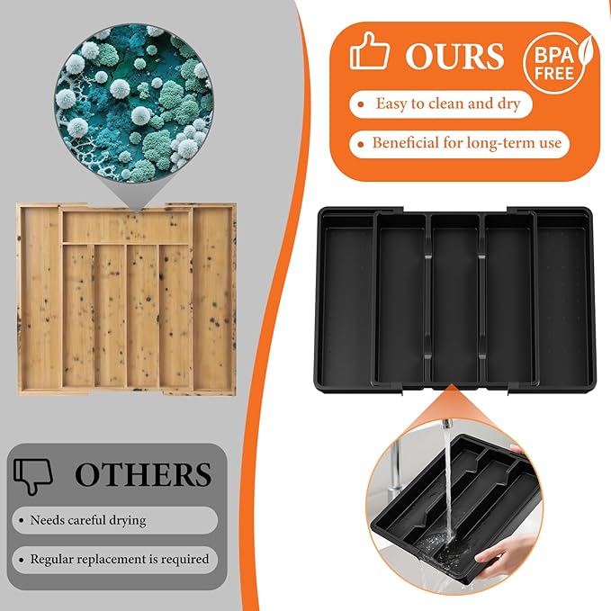 Silverware Organizer, Expandable Utensil Drawer Organizer for Kitchen Drawers, Kitchen Drawer Organizer for Spoons/Forks/Knives, Multipurpose & BPA Free Cutlery Tray, Black, 2 Pack