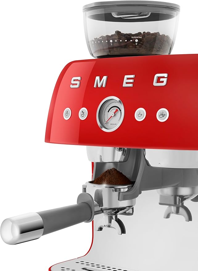 Smeg EGF03 Semi-Automatic Espresso Machine with Built-In Grinder, Dual Thermoblock, 50’s Retro Style – Red (120 V)
