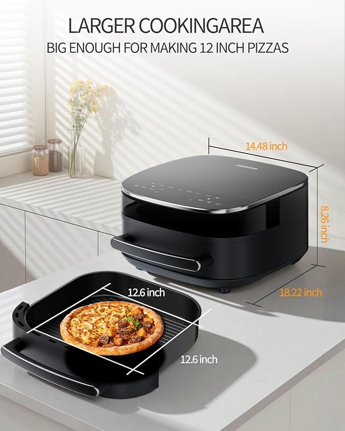 Extra Large Air Fryer,11-IN-1 6 QT 450F Air Fryer with Superior Airflow, Dual Heat Source Technology, Smart Digital Wide Fryer with Basket, Fits a 12" Pizza or 33 Chicken Wings