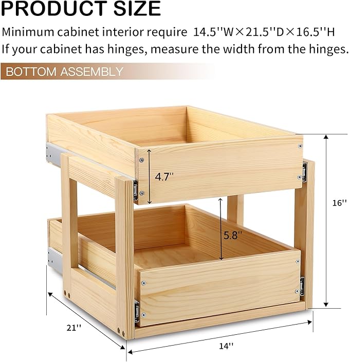 Pull Out Cabinet Organizer, 14''W×21''D×16''H Soft Close Slide Out Wood Drawer Shelves Storage for Kitchen, 2-Tier, Finished, Heavy-Duty, Bottom Assembly