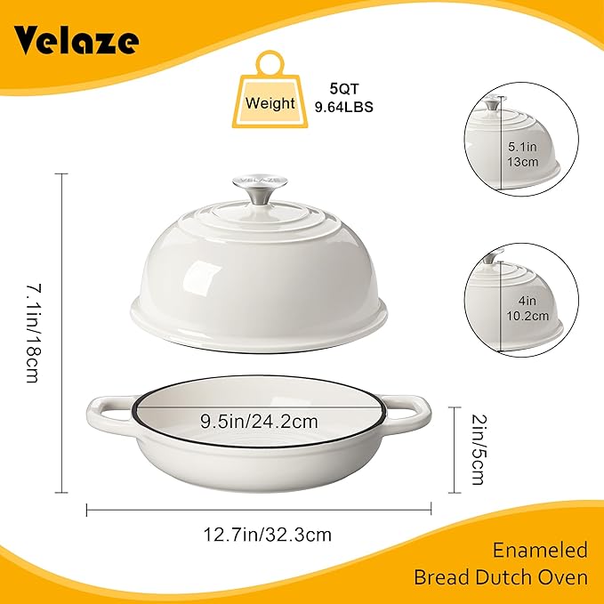 Velaze Enameled Cast Iron Dutch Oven for Bread Baking,5 QT Round Bread Oven Pot with Dome Lid for Sourdough, Roasting,Braising(White)
