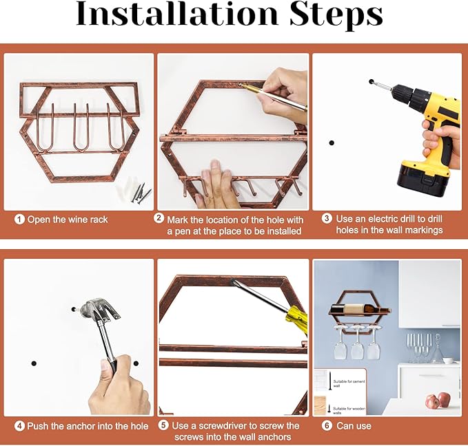 2Pcs Wall Mounted Wine Bottle Rack, Metal Hanging Wine Display Holder Organizer, Red Wine Racks for Home Kitchen Bar Decor Storage (Retro Brown AA)