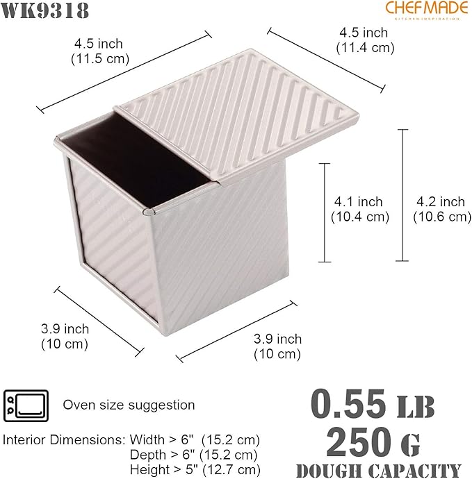 CHEFMADE Mini Pullman Loaf Pan with Lid, 0.55Lb Dough Capacity Non-Stick Rectangle Corrugated Toast Box for Oven Baking 3.9" x 3.9"x 3.9"(Champagne Gold)