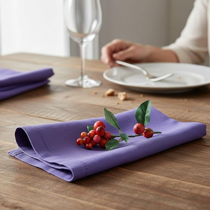 Hemstitched Linen Napkins – 20 Inch x 20 Inch – Stonewashed Pure Linen Cloth Dinner Napkins with Mitered Corners - 100% French Flax – Machine Washable - Set of 4 (Dusty Pastel Purple)