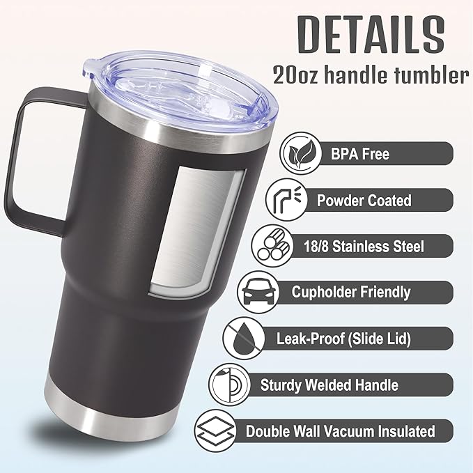 20 oz Tumbler with Handle and Lid, Stainless Steel Tumbler Insulated Travel Coffee Mug, Spill Proof Double Wall Vacuum Tumbler Cup Keep Drink Hot & Cold, Grey, 1 Pack
