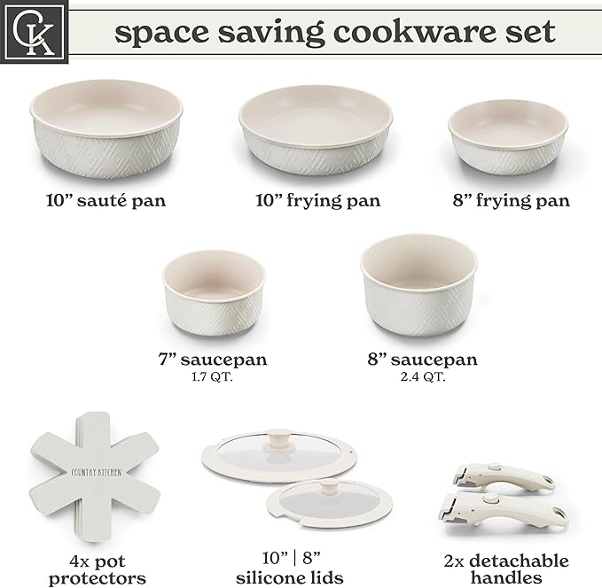 Country Kitchen Cookware Set with Removable Handle, Oven & RV Safe Pots and Pans Set, Cream Rhombus, Original