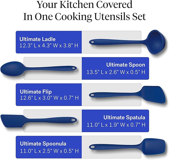 GIR: Get It Right 5-Piece Silicone Ultimate Kitchen Utensils Set - Ladle, Spatula, Flip, Spoon & Spoonula - Non-Toxic Cooking Utensils for Nonstick Cookware, Cooking and Baking - Navy