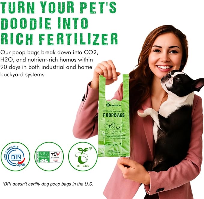 OrangeBio Dog Poop Bags with Handles, Scented, 100% Certified Home Compostable, 13 x 9 Inches - 180 Count (15 Bags per Roll, 12 Rolls), OK Compost Home