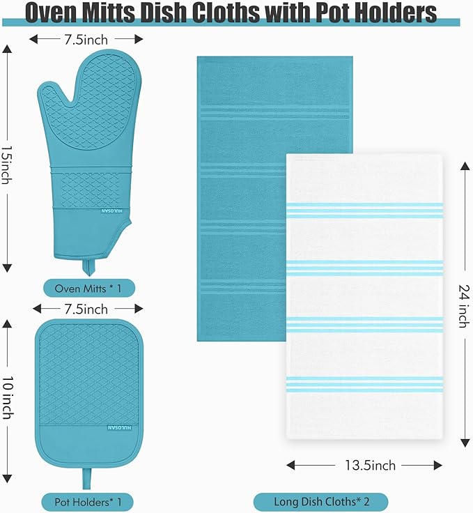 Oven Mitt and Pot Holders Sets, Quilted Cotton Terry Cloth,Non-Slip Pot Holder, Silicone Oven Mitt Heat Resistant, Oven Mittens 7.3"x14.2", Hot Pad 7"x10" & Dish Cloths 13"x25"