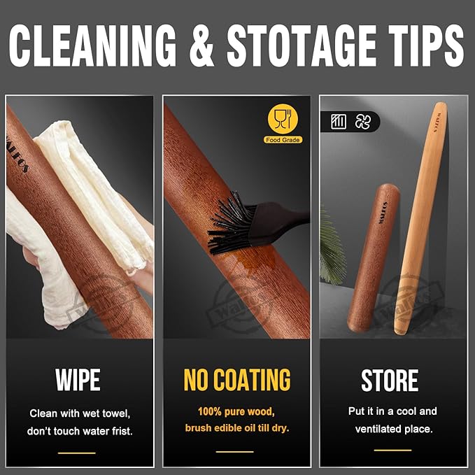 Walfos French Rolling Pin Set - Natural Wooden Rolling Pins (8inch, 15.7inch), Baking Dough Roller for Pizza, Pie, Pasta, Bread, Pastry, No Coating