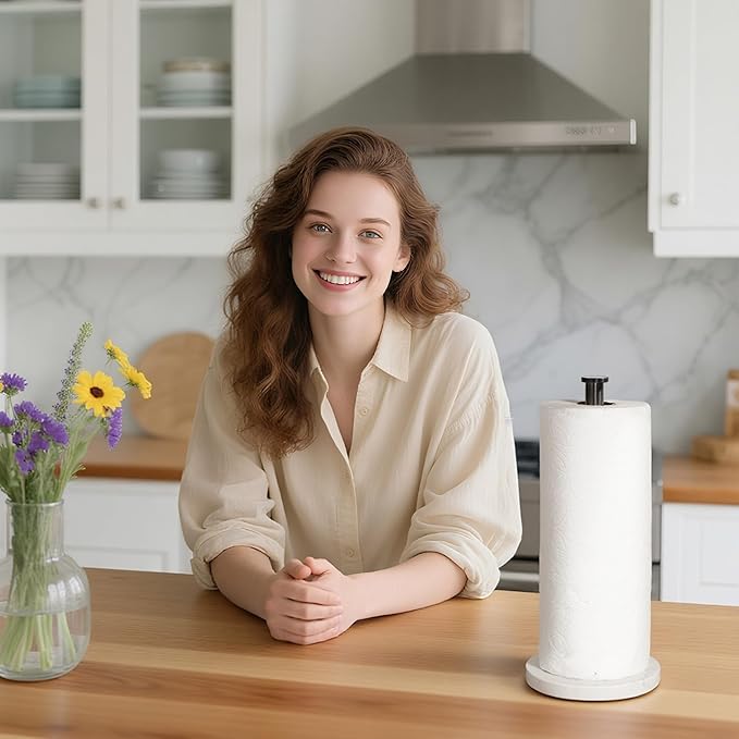 YIGII Heavy Marble Base Paper Towel Holder – Countertop Paper Roll Holder for Kitchen or Bathroom, Non-Slip Weighted Design, Fits Standard Paper Towels, White Marble & Gunmetal Black