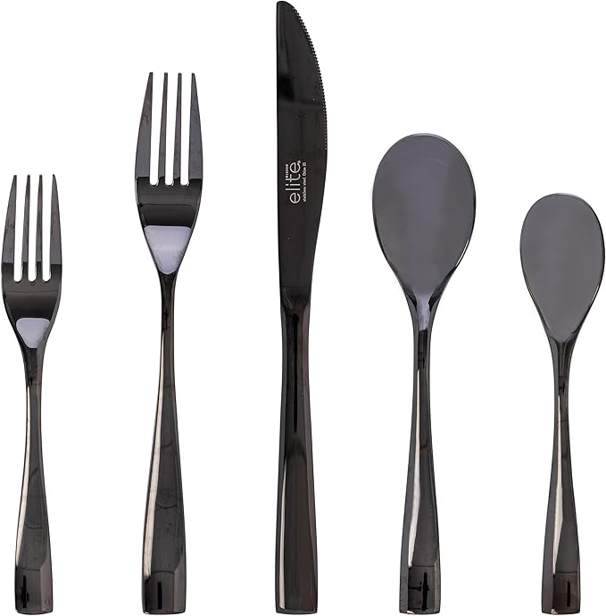 Gibson Elite Holland Road 20-Piece Flatware Silverware Set - Stainless Steel Utensils - Forks, Spoons, Knives -Service for 4 - Black
