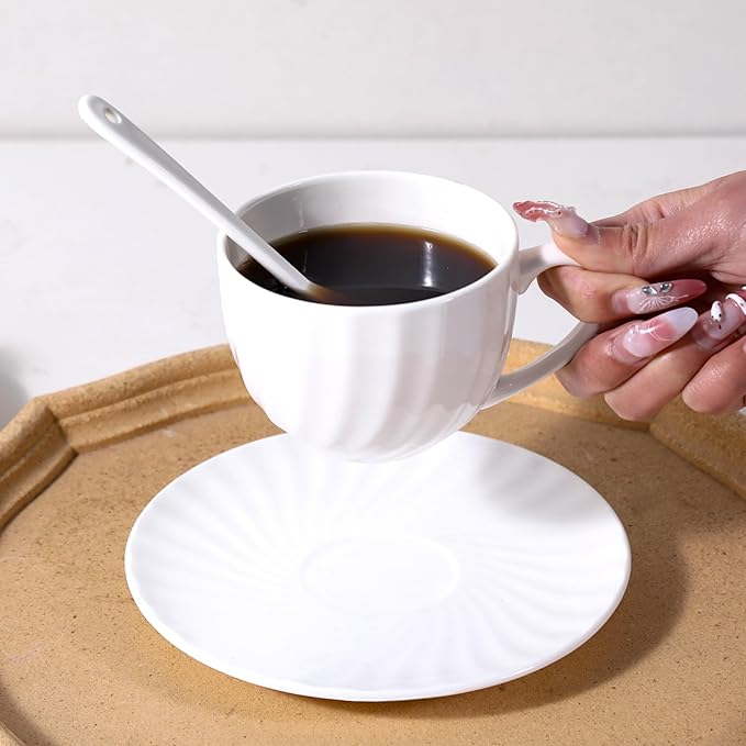 Fine Bone China Cappuccino Mugs Set of 2, 7 Oz Spiral Pattern Lightweight Ceramic, Art Coffee Cups with Saucers, for Latte, Mocha, Tea, Espresso, Macchiato, Americano